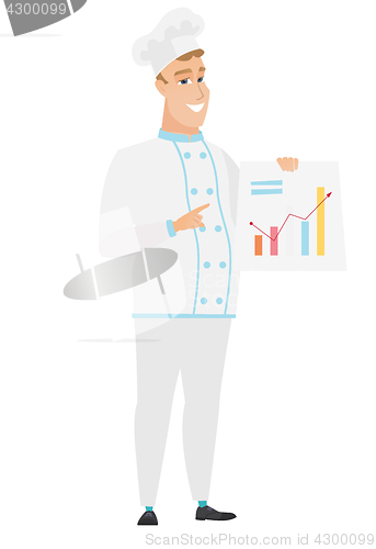 Image of Caucasian chef cook showing financial chart.