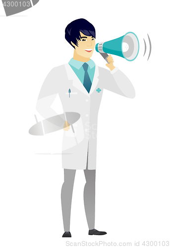 Image of Asian doctor talking into loudspeaker.