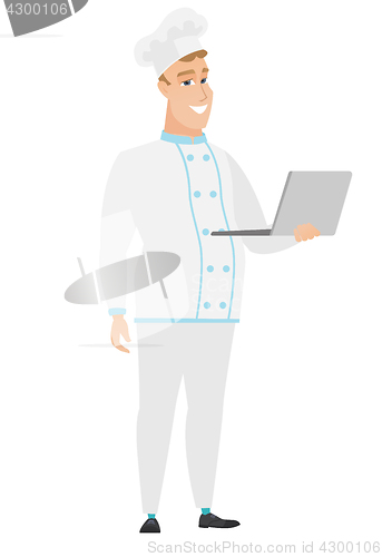 Image of Chef cook using laptop vector illustration.