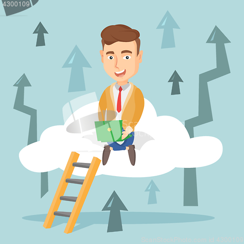 Image of Business man sitting on cloud with laptop.