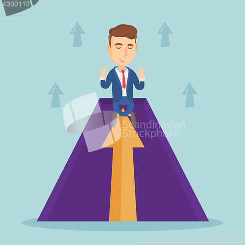 Image of Peaceful business man meditating in lotus pose.