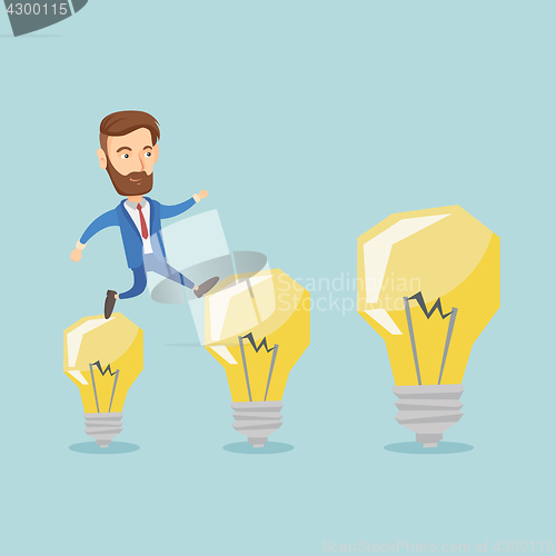 Image of Business man jumping on light bulbs.