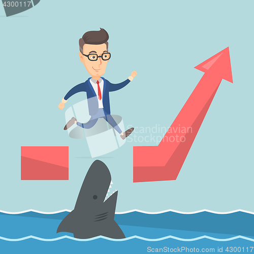 Image of Business man jumping over ocean with shark.