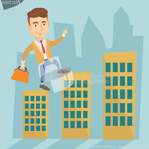 Image of Business man walking on the roofs of buildings.