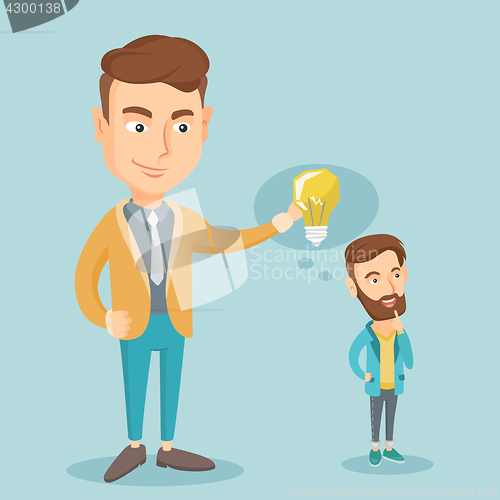 Image of Business man giving idea bulb to his partner.