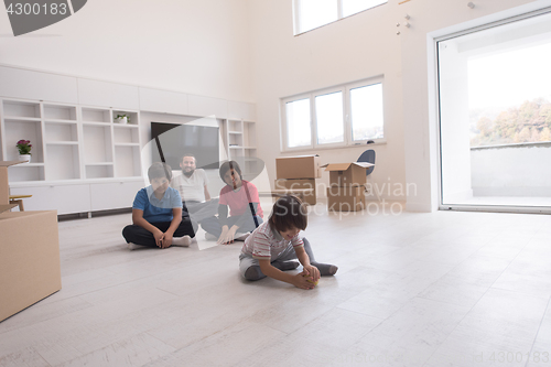Image of portrait of happy young boys with their dad