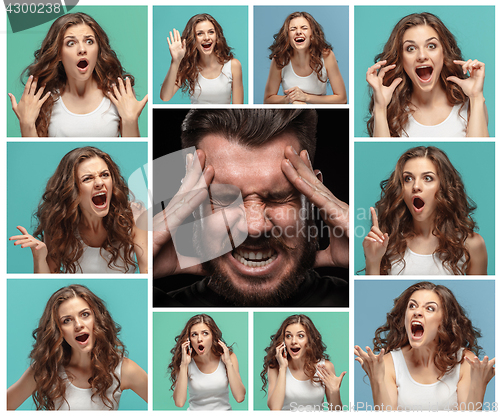 Image of The collage of young woman and male emotions