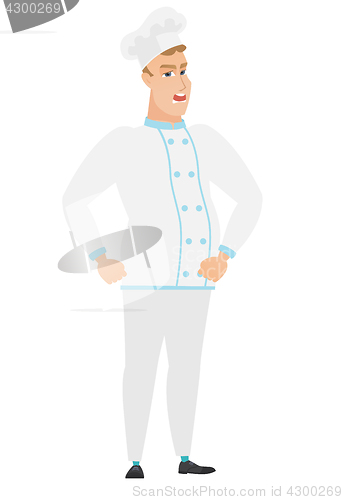 Image of Young caucasian furious chef cook screaming.