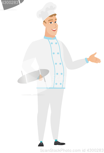 Image of Chef cook with arm out in a welcoming gesture.