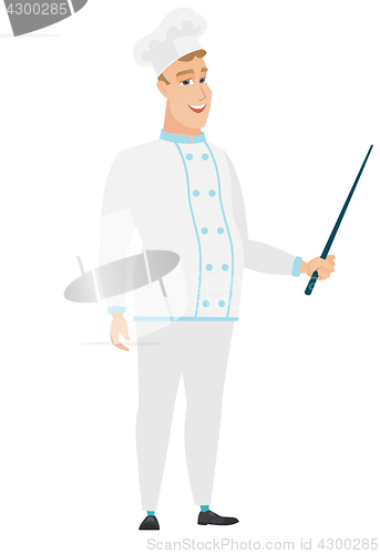 Image of Caucasian chef cook holding pointer stick.