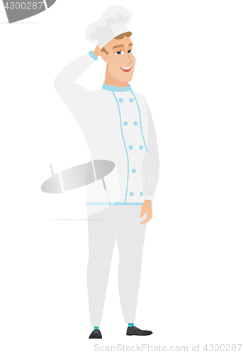 Image of Caucasian chef cook holding hand behind head.