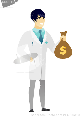 Image of Asian doctor holding a money bag.