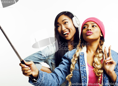 Image of diverse nation girls group, teenage friends company cheerful having fun, happy smiling, cute posing isolated on white background, lifestyle people concept