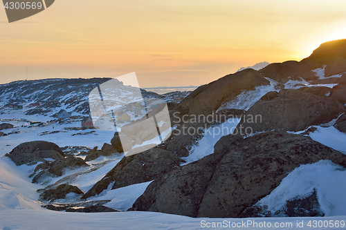 Image of Sunset over town in  Greenland