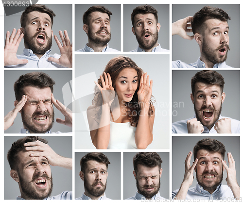 Image of The collage of young woman and male emotions