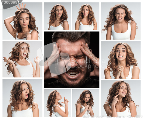 Image of The collage of young woman and male emotions