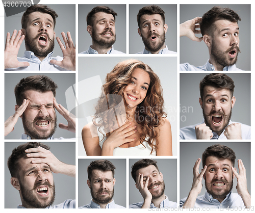 Image of The collage of young woman and male emotions