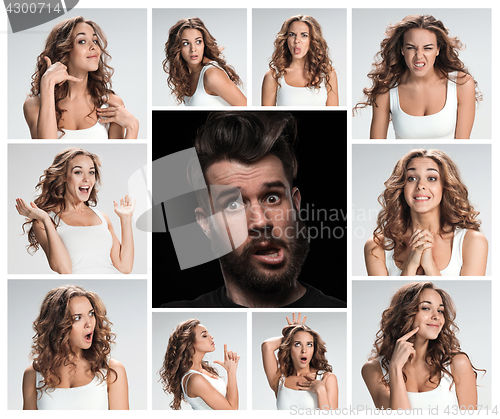 Image of The collage of young woman and male emotions