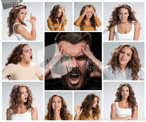 Image of The collage of young woman and male emotions