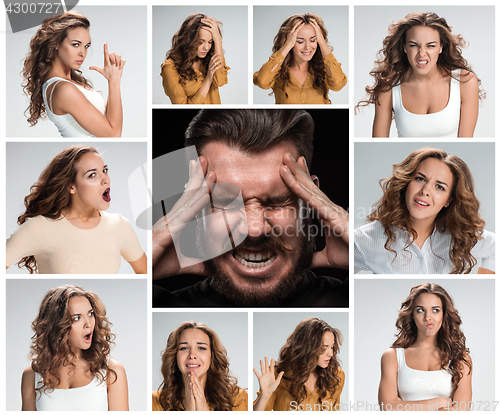 Image of The collage of young woman and male emotions