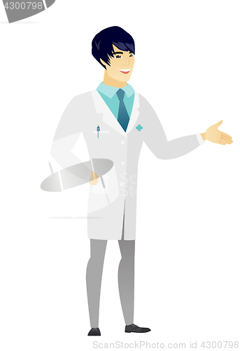 Image of Doctor with arm out in a welcoming gesture.