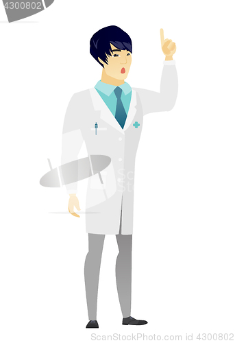 Image of Doctor with open mouth pointing finger up.