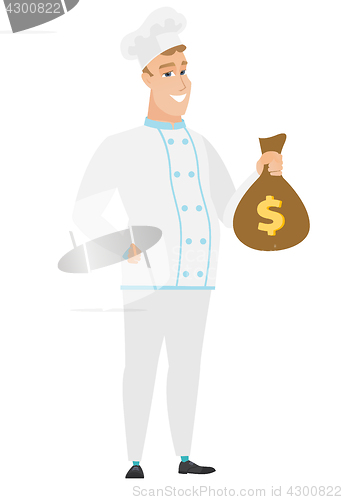 Image of Caucasian chef cook holding a money bag.