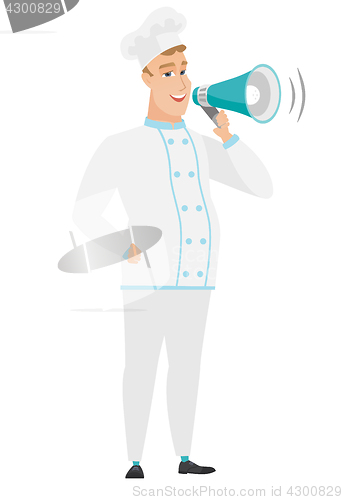 Image of Caucasian chef cook talking into loudspeaker.