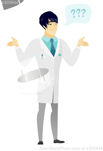 Image of Asian confused doctor with spread arms.