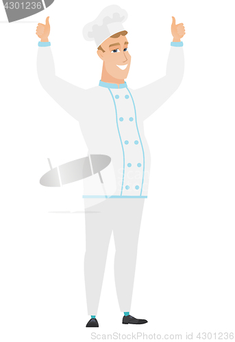 Image of Chef cook standing with raised arms up.