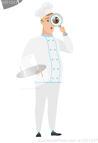 Image of Caucasian chef cook with magnifying glass.