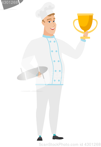 Image of Caucasian chef cook holding a trophy.