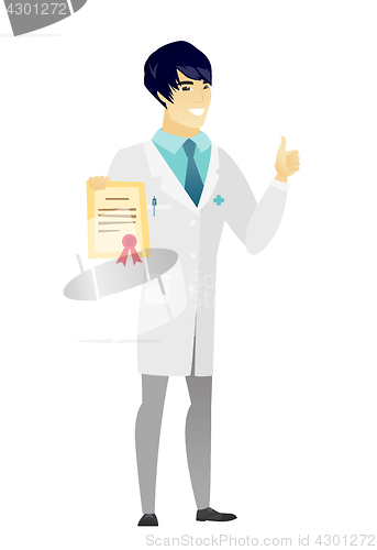 Image of Young asian doctor holding a certificate.