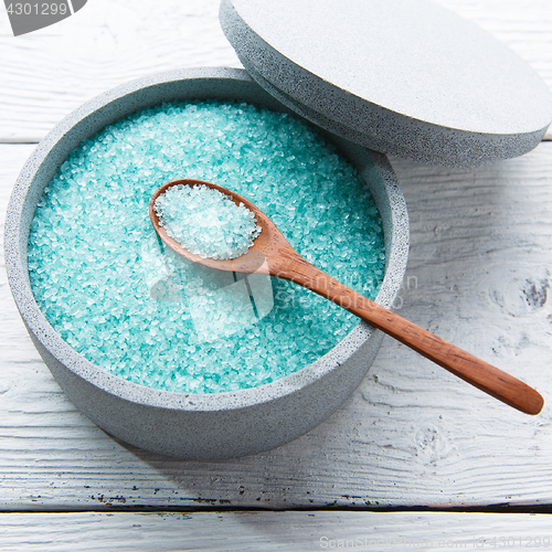 Image of Sea salt on wooden table