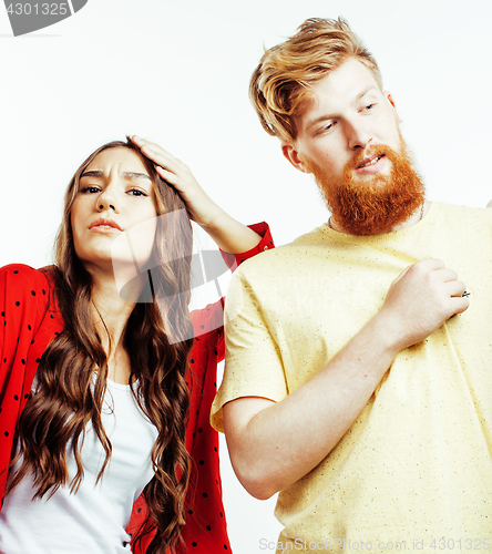 Image of young pretty teenage couple, hipster guy with his girlfriend happy smiling and hugging isolated on white background, lifestyle people concept 