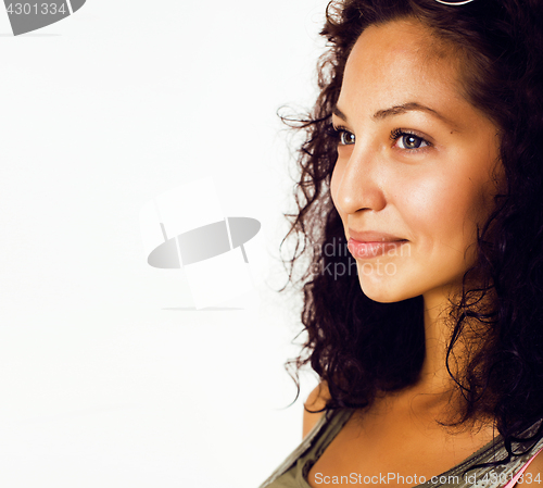 Image of young happy smiling mulatto latin american teenage girl emotional posing on white background, lifestyle people concept