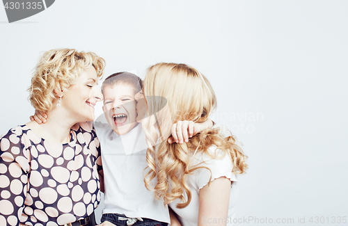 Image of happy smiling family together posing cheerful on white background, lifestyle people concept, mother with son and teenage daughter isolated 