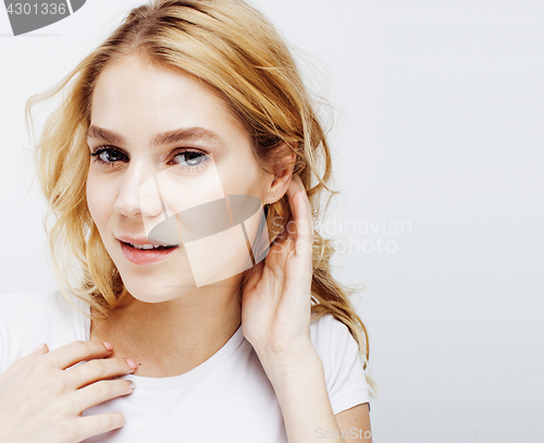 Image of young pretty blond teenage girl emotional posing, happy smiling isolated on white background, lifestyle people concept