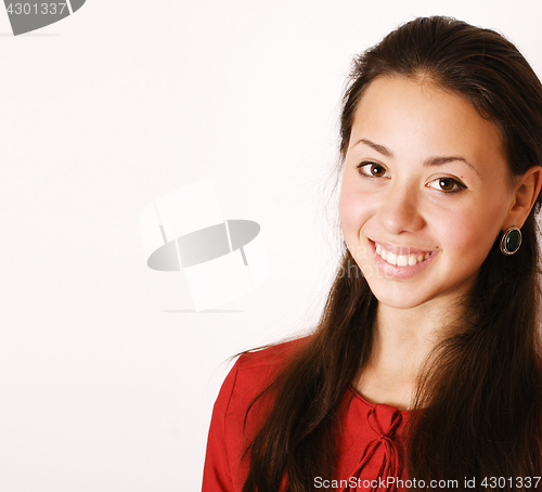 Image of young pretty brunette woman smiling happy on white background, l