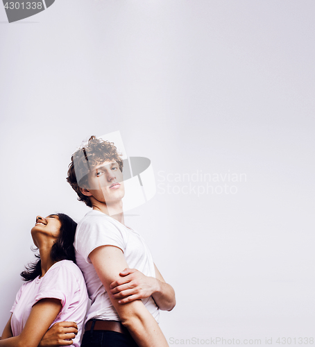 Image of young couple of mixed races girlfriend and boyfriend having fun on white background, lifestyle teenage people concept 