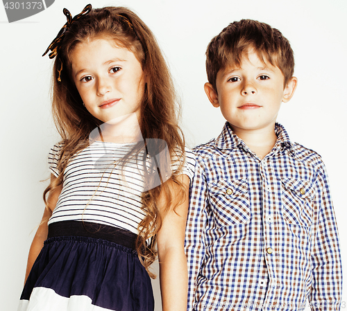 Image of little cute boy and girl hugging playing on white background, happy smiling family, lifestyle people concept 