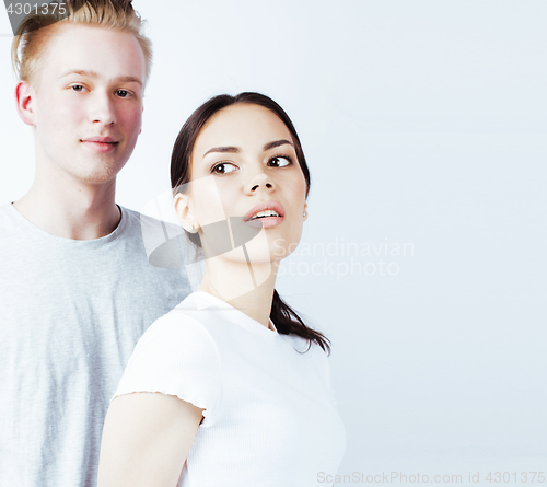 Image of young couple of mixed races girlfriend and boyfriend having fun on white background, lifestyle teenage people concept 