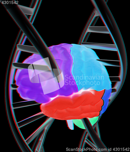Image of Brain and dna. 3d illustration. Anaglyph. View with red/cyan gla