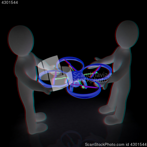 Image of 3d man with drone, quadrocopter, with photo camera. 3d render. 3