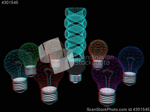 Image of energy-saving lamps. 3D illustration. Anaglyph. View with red/cy