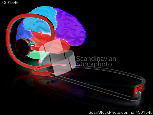 Image of stethoscope and brain. 3d illustration. Anaglyph. View with red/