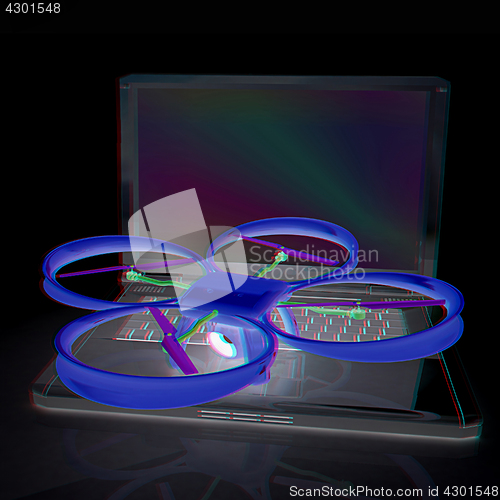 Image of Drone and laptop. 3D render. Anaglyph. View with red/cyan glasse
