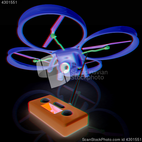 Image of Drone with remote controller. Anaglyph. View with red/cyan glass