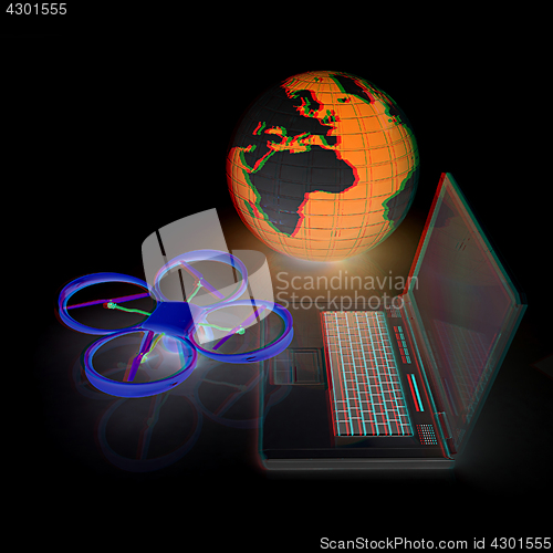 Image of Drone or quadrocopter with camera with laptop. Network, online, 