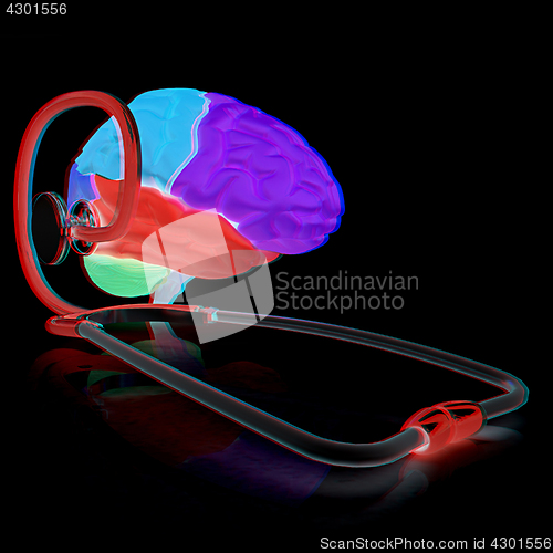 Image of stethoscope and brain. 3d illustration. Anaglyph. View with red/